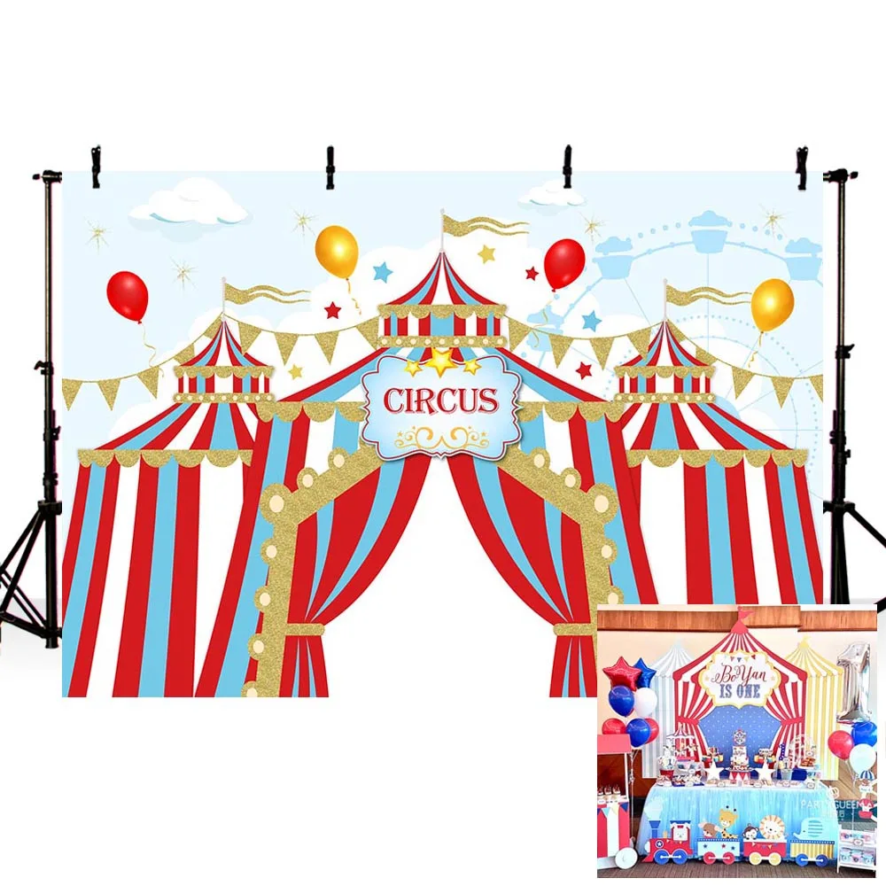 YongFoto 3x2m Vinile Fondale Foto Carnevale del circo Tendone Clowns  Bandiere di palloncini colorati Strisce bianche blu Sfondo Fotografico  Fotografia Sfondo Studio Prop Decorazione : : Elettronica