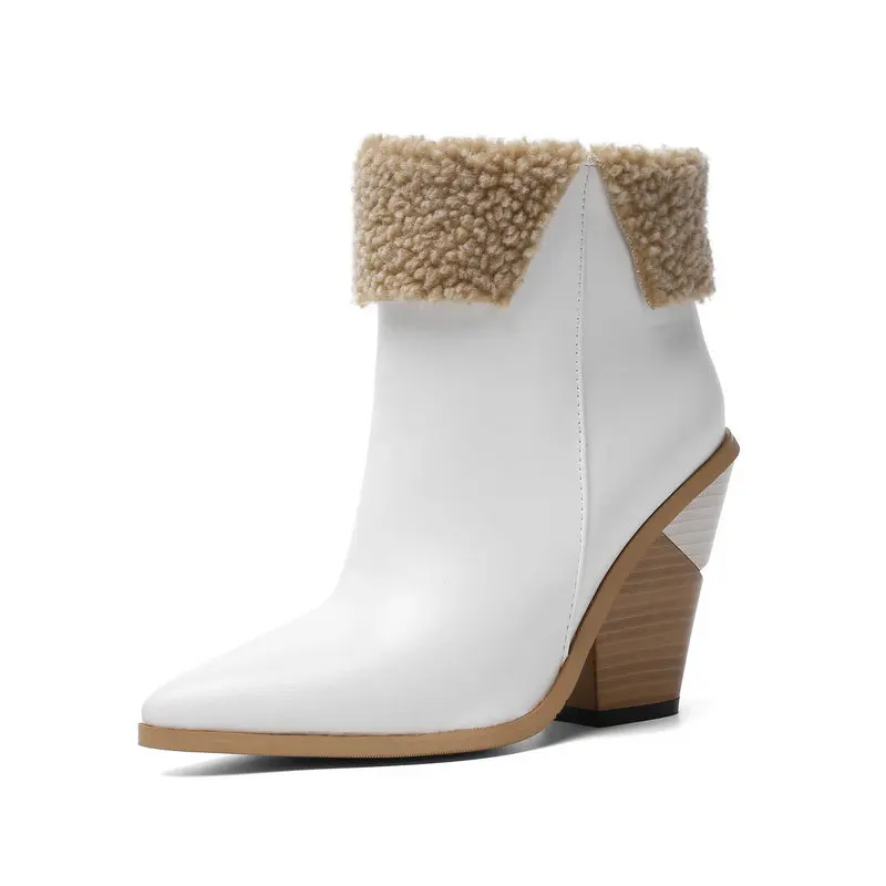 NEMAONE/теплые зимние женские ботильоны в западном стиле; повседневная обувь на высоком каблуке; женские короткие ботинки на платформе в европейском стиле - Цвет: Белый