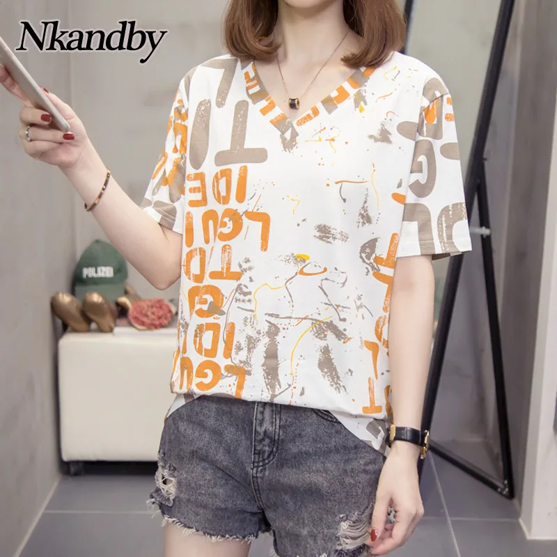 Tshirt Oversized Plus-Size Women Summer Cotton Short-Sleeve Letter Top-Feminine V-Neck