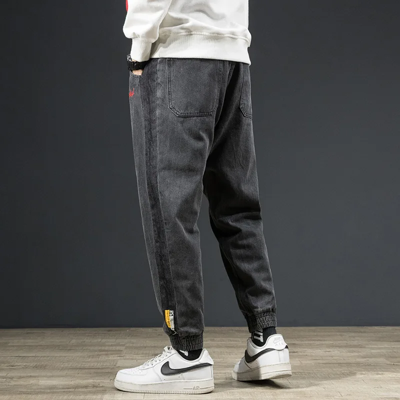 Autumn And Winter New Style Men's Elastic Black And White with Pattern Harem Jeans Ankle Banded Pants Trend Loose-Fit Beam Leg H - Image 3