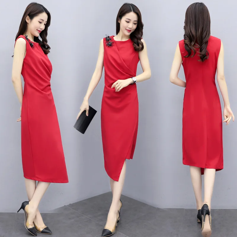

2020 Spring New Style Korean-style Elegant Waist Hugging Slimming Elegant Pleated Sleeveless Mid-length Irregular Pencil Skirt