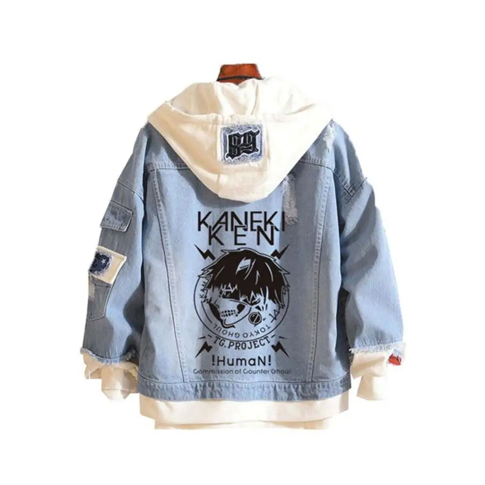 Аниме Токийский Гуль Kaneki Ken, костюмы для косплея, джинсовая куртка, костюмы для мужчин и женщин, куртка с капюшоном на Хэллоуин, джинсовые пальто на молнии