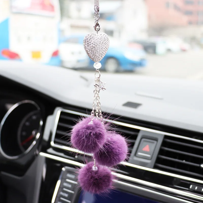 Bling Car Mirror Accessories For Women Men Love Heart And Pink Plush