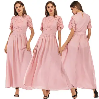 

Women Vintaeg Maxi Dress Lace Short Sleeve Wedding Bride Party Lady Gown Muslim Elegant Pink Dress Summer Loose Arab Islamic New