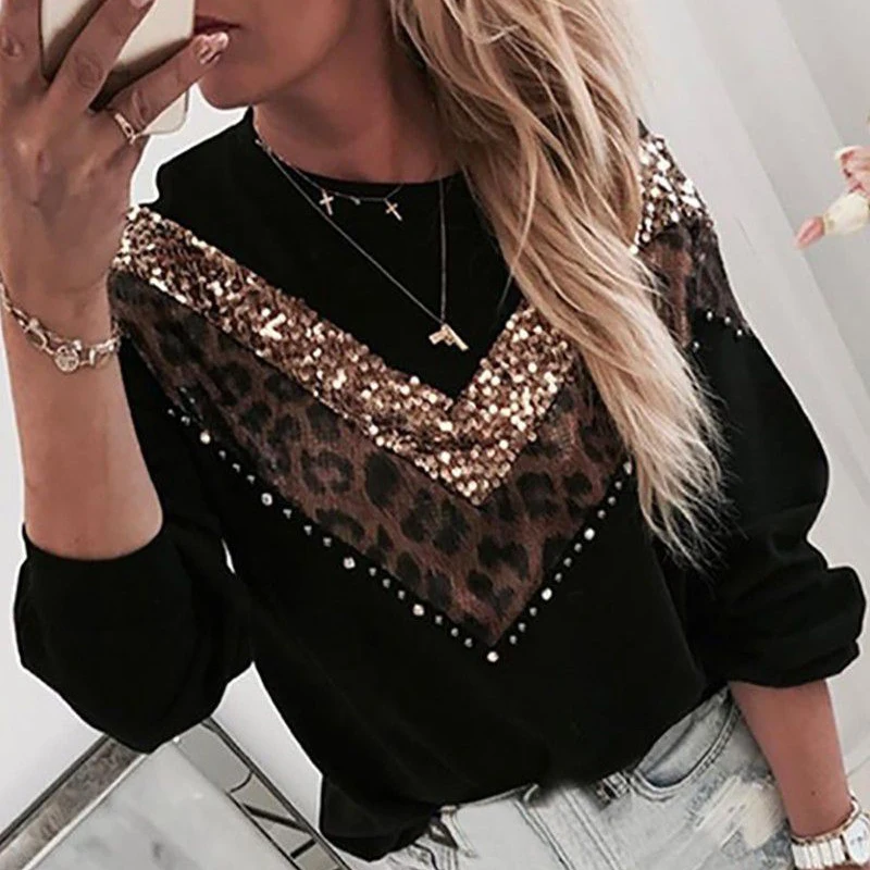  Women Diamond Splice blouse Shirts Office Lady casual o neck patchwork pullovers Femal Autumn leopa