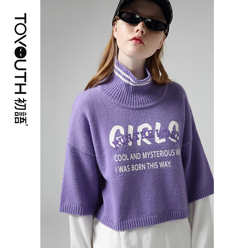 

Toyouth Women Autumn New Turtleneck Short Sweaters Letter Printed Half Sleeve Crop Sweater Female Tops