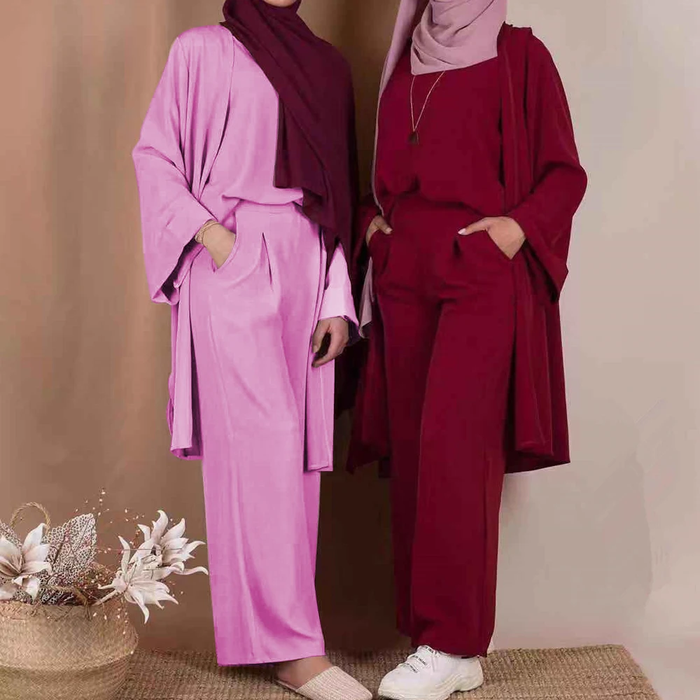 Conjunto de Chaqueta de punto de 3 piezas para mujer, conjunto a juego de manga larga, Kimono, Abaya, plumero, pantalones de pierna largo ancho, modestia musulmana, Color sólido