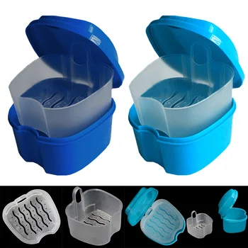 

2 Colors Denture Bath Box Case Dental False Teeth Storage Box With Hanging Net Container