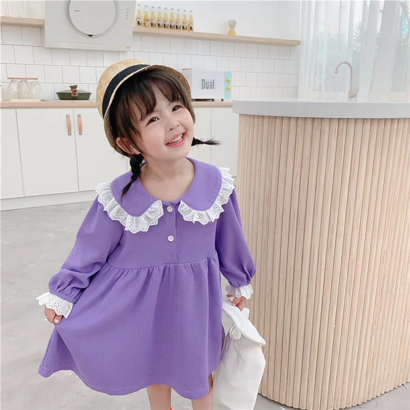 Spring Summer kids dress for girls lace patchwork Korean style cute girls long sleeve turn-down collar party princess dresses