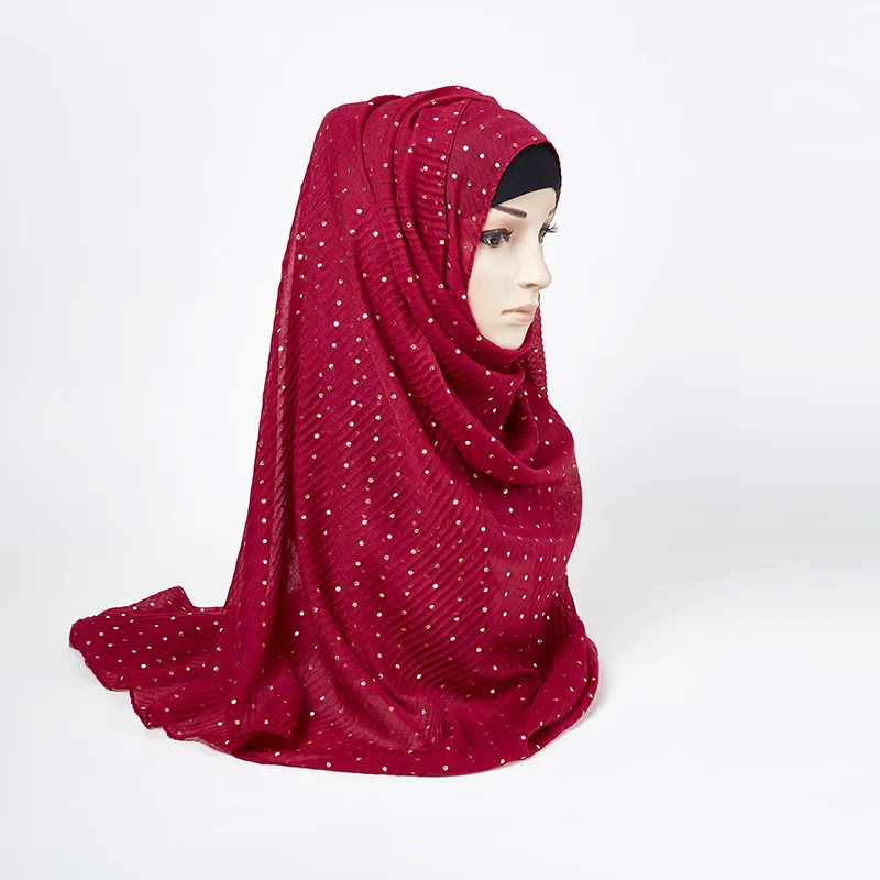 Плиссированный Макси Hijabs женский длинный шарф элегантная блестящая шаль золотые бриллианты Декор мусульманский платок плиссированные Шарфы Мягкий шарф