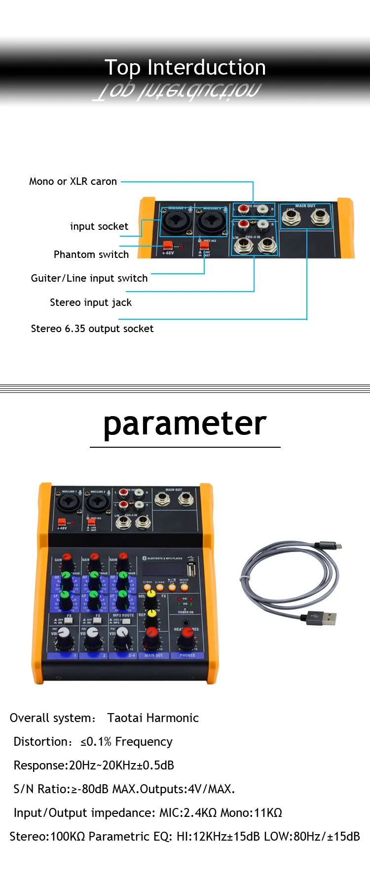 interface usb, mp3, entrada para computador, 48v,