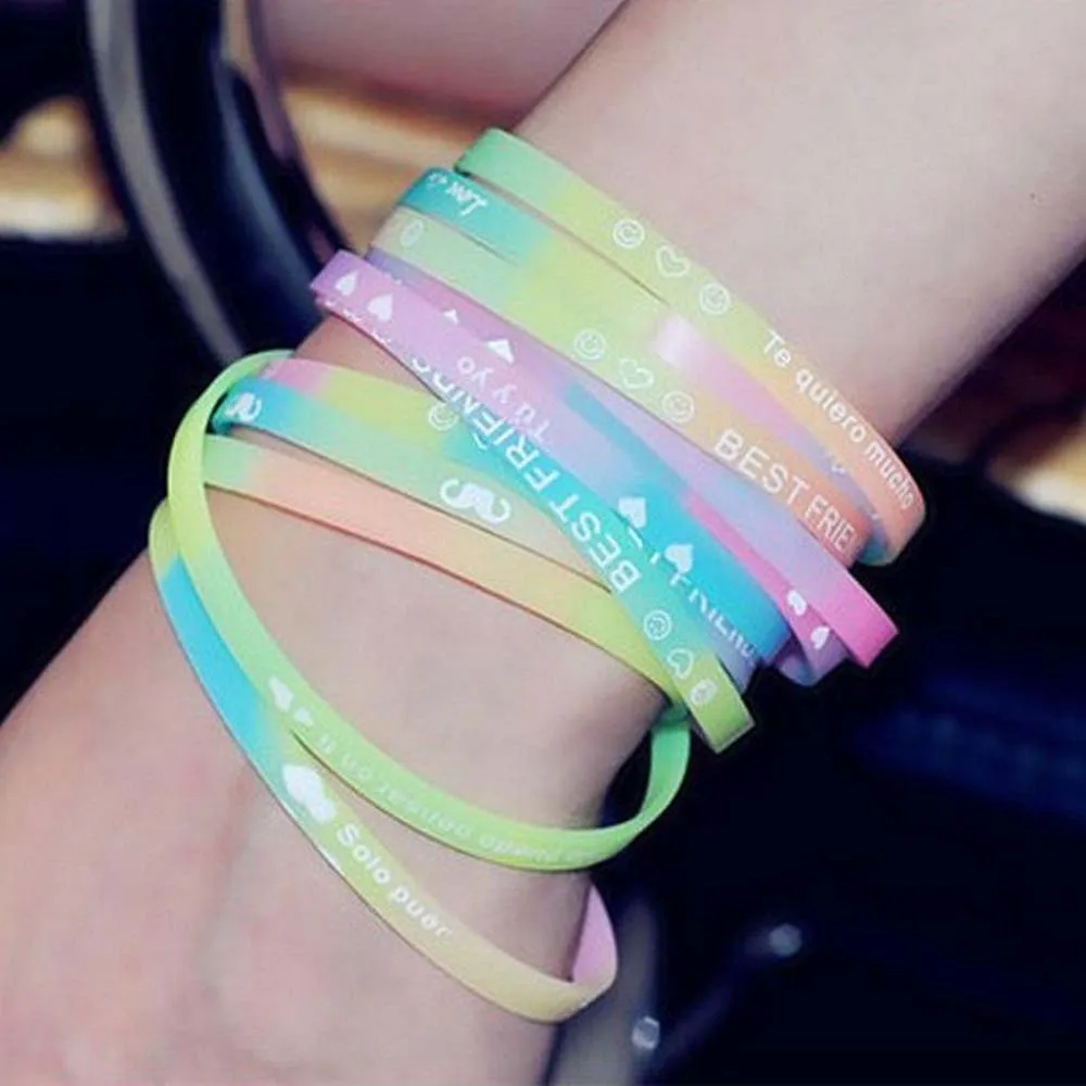 

10pcs Colorful Friend Printed Letters Luminous Silicone Sports Bracelets & Bangles Women Fluorescent Rubber Fitness Wristband