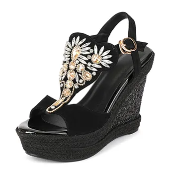 

Newest Kid Suede Summer Shoes Gladiator Crystal Gemstone Flower Sexy Women Sandals Crystal Platform Wedges Footwear Party Shoes
