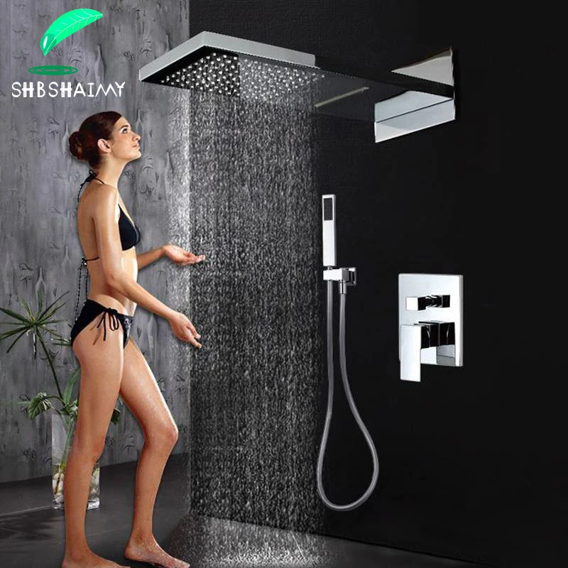 

Bathroom Shower Faucet Set System Chrome Rain Waterfall Square Shower Head Big Size Wall Mounted 3-ways Hot Cold Mixer Tap