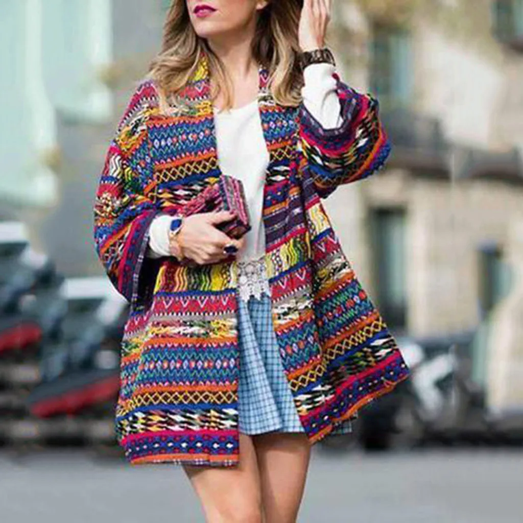 

Ethnic Print Women Open Front Coat Vintage Long Sleeve Elegant Women Coat Streetwear Outwear Coats