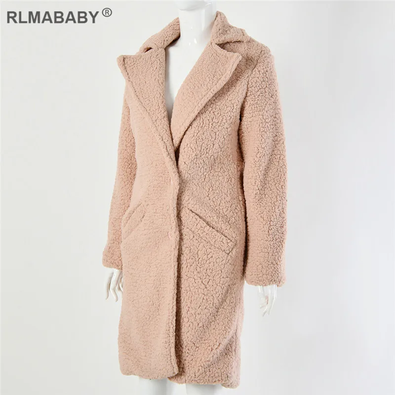 RLMABABY осень зима искусственный мех Тедди женское длинное Пальто однобортное повседневное пальто на пуговицах толстое теплое пушистое женское Верхнее пальто