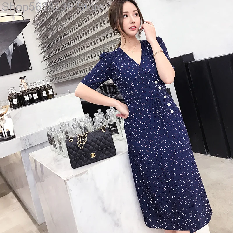

2020 Summer French Wrap Skirt V Collar Lace Slim Fit Printing Chiffon Short Sleeve Dress Female