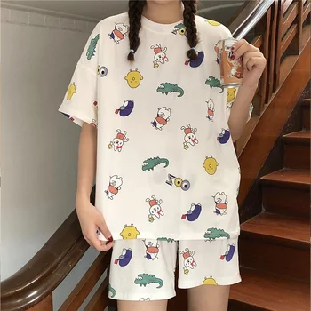 

Women Summer Short-sleeved Pajama Sets Ladies Sweet Cute Loose Plus Size Girl Two-piece Soft Sleepwear