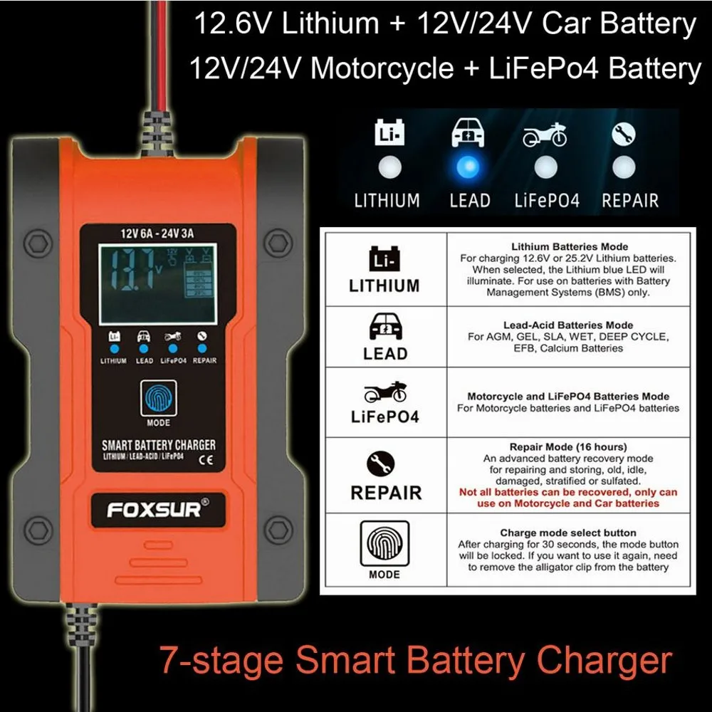 12V 24V 6A car battery charger pulse repair 7-stage charger GEL WET AGM 12.6V Lithium LiFePO4 LiPo Battery