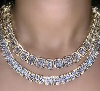 

gold silver color cz cluster tennis women necklace iced out bling baguette cz link chain choker 15" 16"