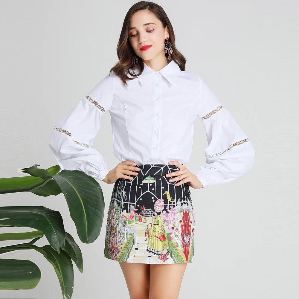

Red RoosaRosee Designer Women Autumn 2 Piece Set Sexy Hollow Out Lantern Sleeve White Blouse Top + Flower Print Mini Skirt Suit
