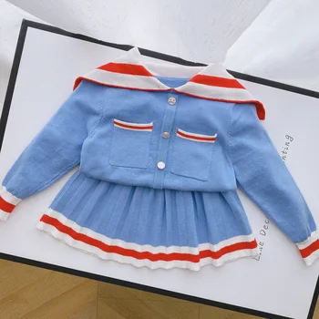 

Girls' Knitted Suit Set 2020 Autumn Style Korean Baby Navy Cardigan Skirt Western Style Two-piece Suit