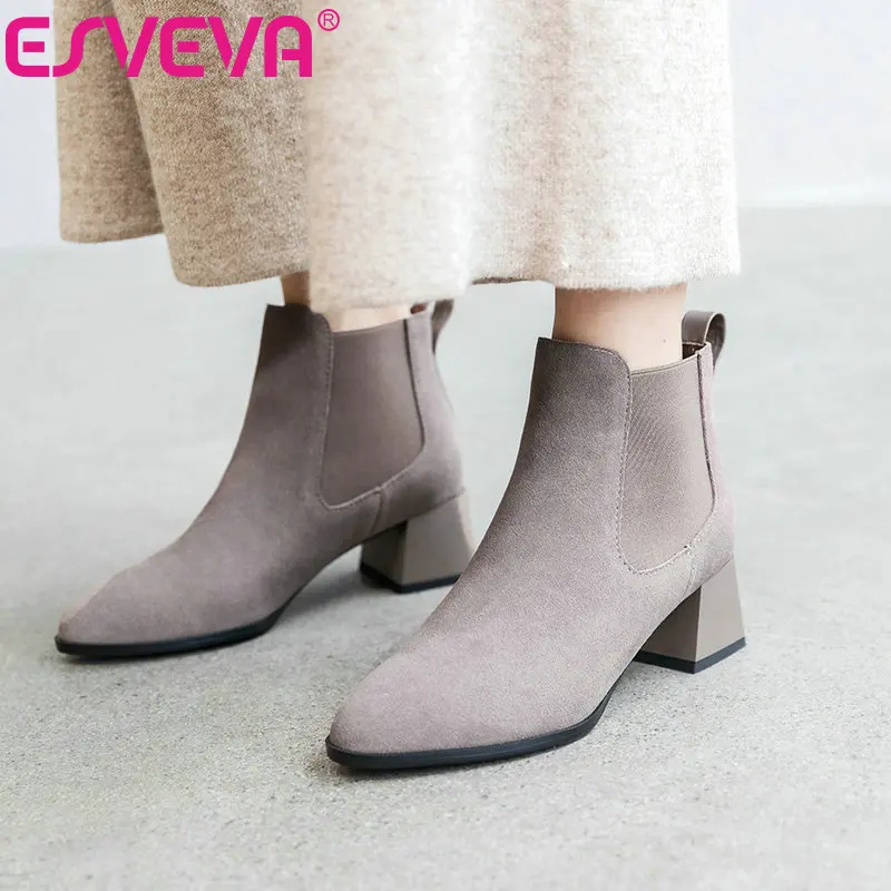 

ESVEVA 2020 Women Shoes Winter Ankle Boots Princess Style Square Med Heel Pointed Toe Flock Motorcycle Platform Boot Size 34-39