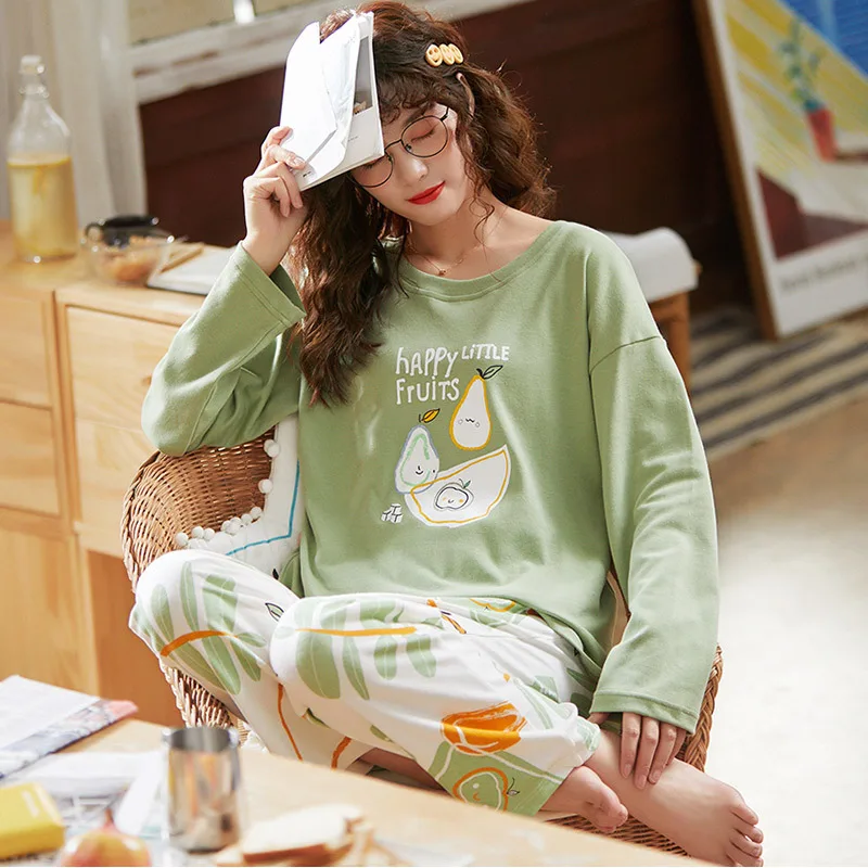 

X3926 # Lettered Green Pear Pullover LZ Long Sleeve Korean-style Sweet Pajamas Tracksuit Piece Series