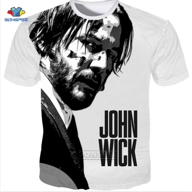 

SONSPEE Summer John Wick T-shirt Men Short Sleeve Off White Tshirt 3D Print Keanu Reeves Movie T Shirt Black Male Streetwear F32