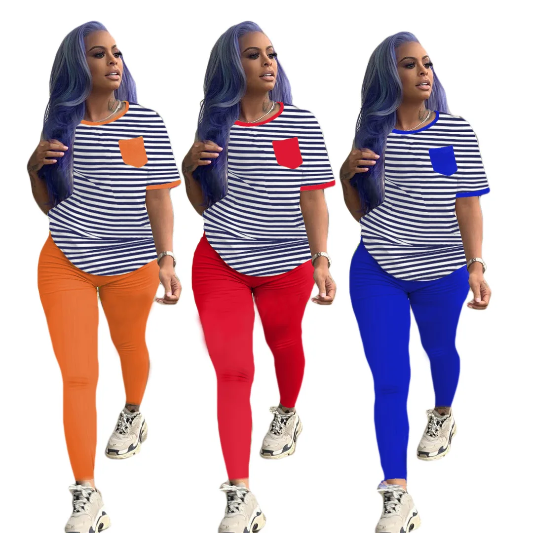 New Summer Sport Women's Set Striped Long Sleeve Tee Tops Legging Pants Suit Active Wear Tracksuit Two Piece Set Fitness Outfits