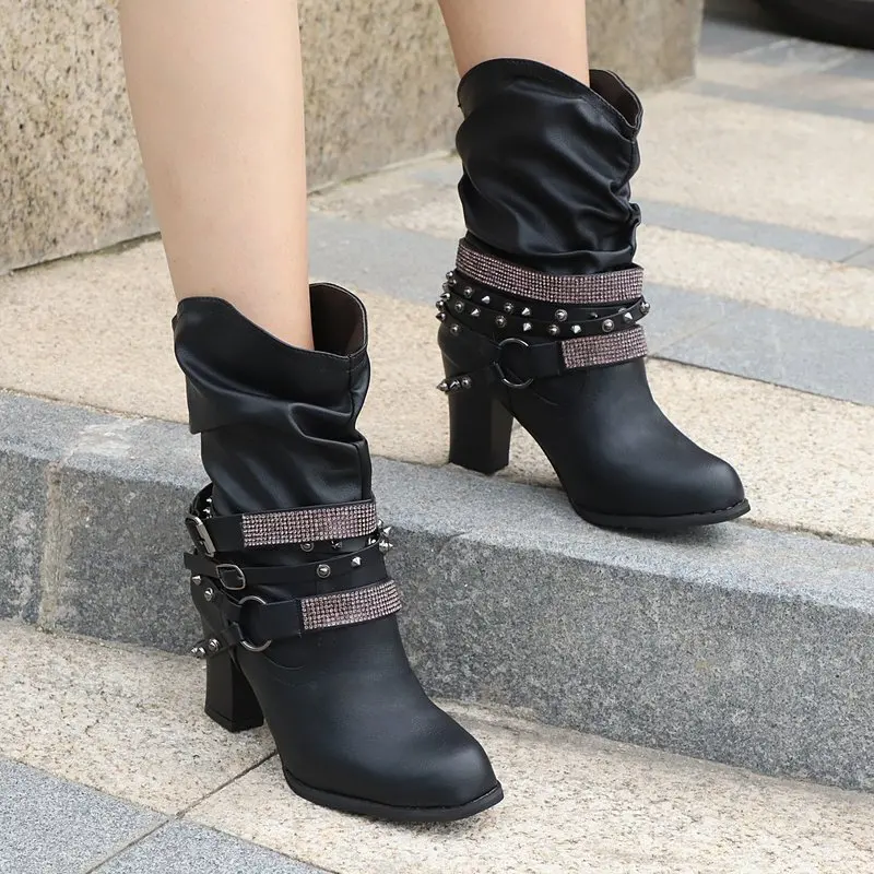

2020 Winter Women's Boots Fashion Put-on High Heel Ankle Boots Pointed Toe Square-Heel Buckle Women's PU Boots Zapatos De Mujer