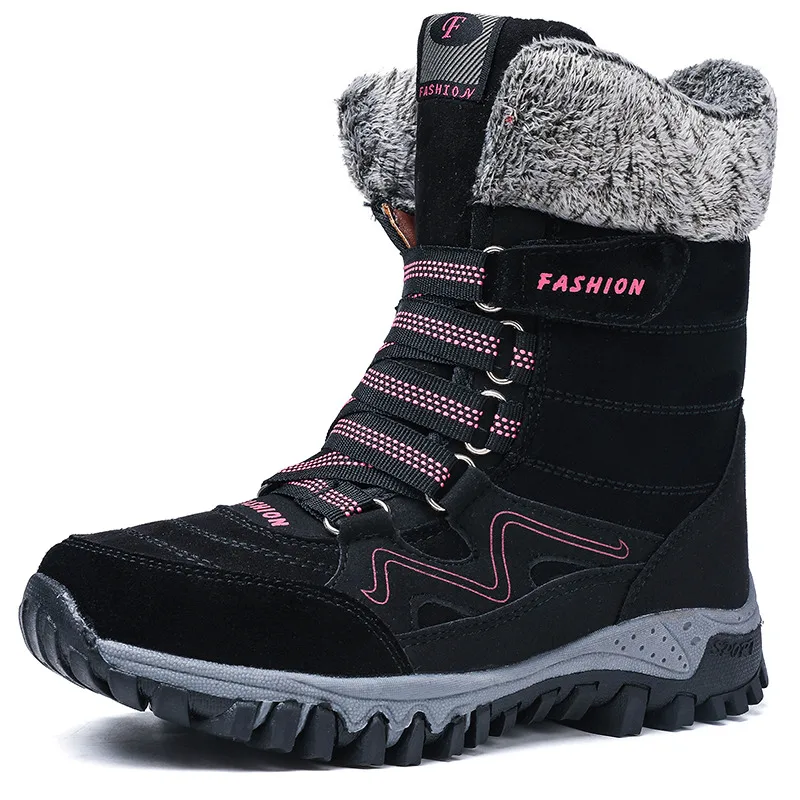 Женские зимние ботинки с высоким берцем; зимние ботинки с толстым плюшем; кроссовки; Женская износостойкая Уличная обувь для бега; очень теплая обувь на меху - Color: black plum boots