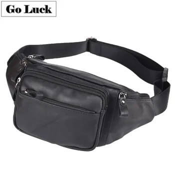 

GO-LUCK Brand Solid Black Casual Genuine Leather Waist Fanny Pack Multi-Usage Men Shoulder Messenger Bag Cell Phone Pouch Case