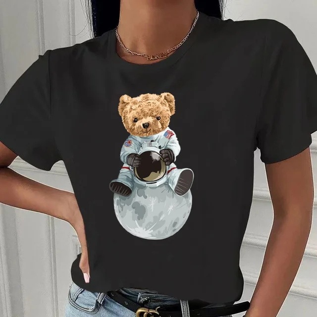 Fashion Bear Print Women T-Shirt Harajuku Round Neck Casual Loose Short Sleeve Summer Slim Soft Tops Clothing Hip Hop Streetwear 3bear018