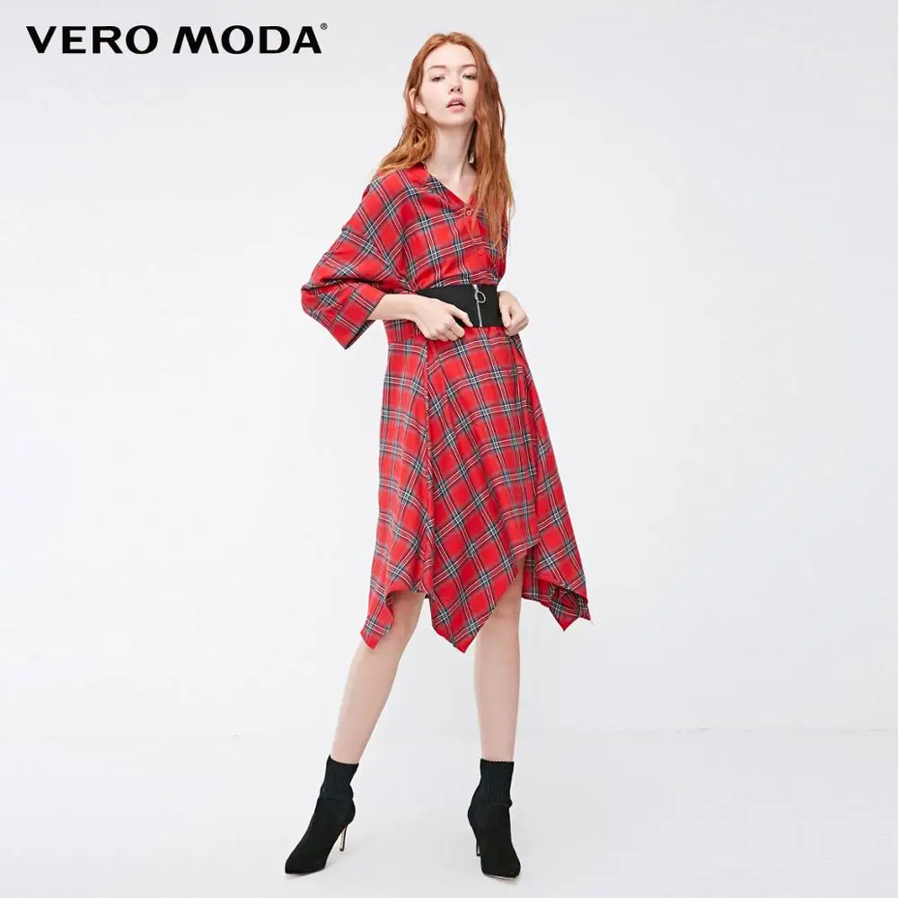 F17 Red heart Vero Moda женское клетчатое платье-рубашка с поясом и 3/4 рукавами | 3191SZ501 - Цвет: F17 Red heart