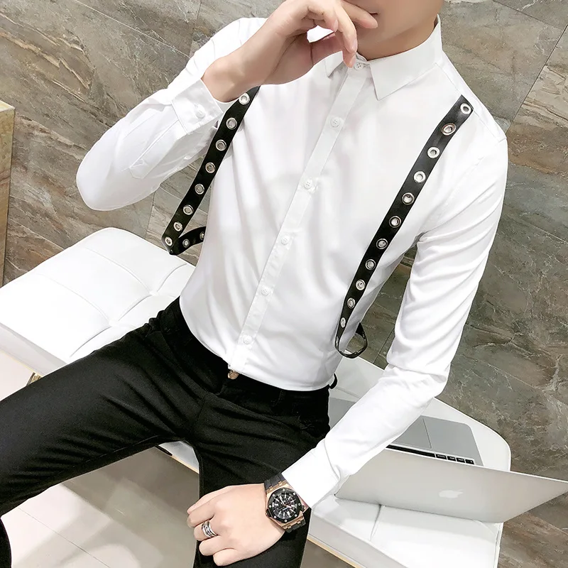 Мужские рубашки Camisa Masculina с декоративными ремешками, приталенные смокинги с длинным рукавом, деловые повседневные рубашки, мужские однотонные вечерние рубашки