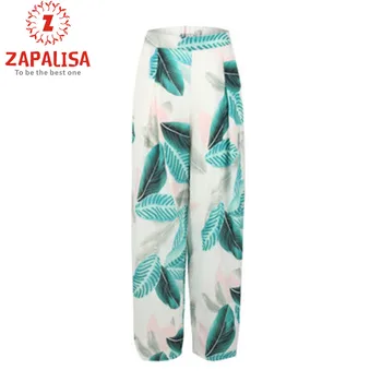 

Zapalisa Spring Summer Fresh Leaf Print Women Pants Fashion Elastic High Waist Casual Streetwear Comfortable Wide Leg Pants