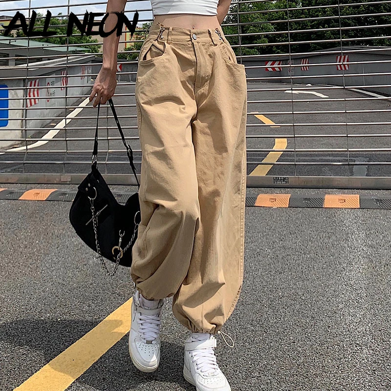 ALLNeon Y2K Fashion Khaki Oversized Cargo Pants Hip Hop Style Loosed Adjustable Waist Drawstring Long Pant Streetwear 90s Autumn