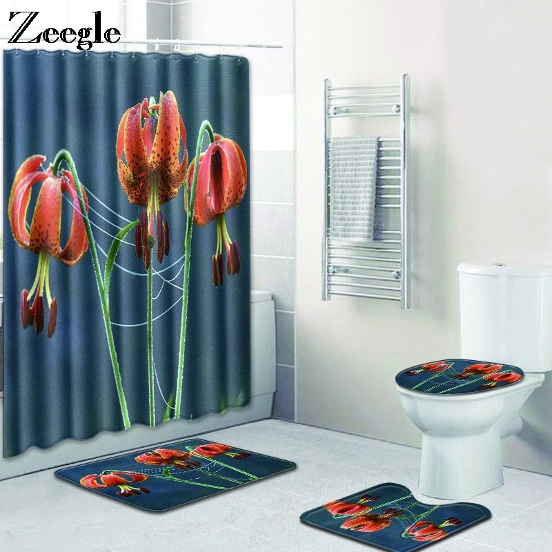 Zeegle Bath Mat Set and Shower Curtain Toilet Cover Saet Mat Anti Slip Bathroom Doormat Shower Mat Absorbent Washable Toilet Set