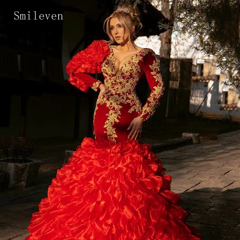 Smileven rojo con cuello en V Marruecos vestido de noche Vestidos Fiesta manga de oro vestido de fiesta de encaje Arabia Saudita vestido alfombra roja|Vestidos de noche| -