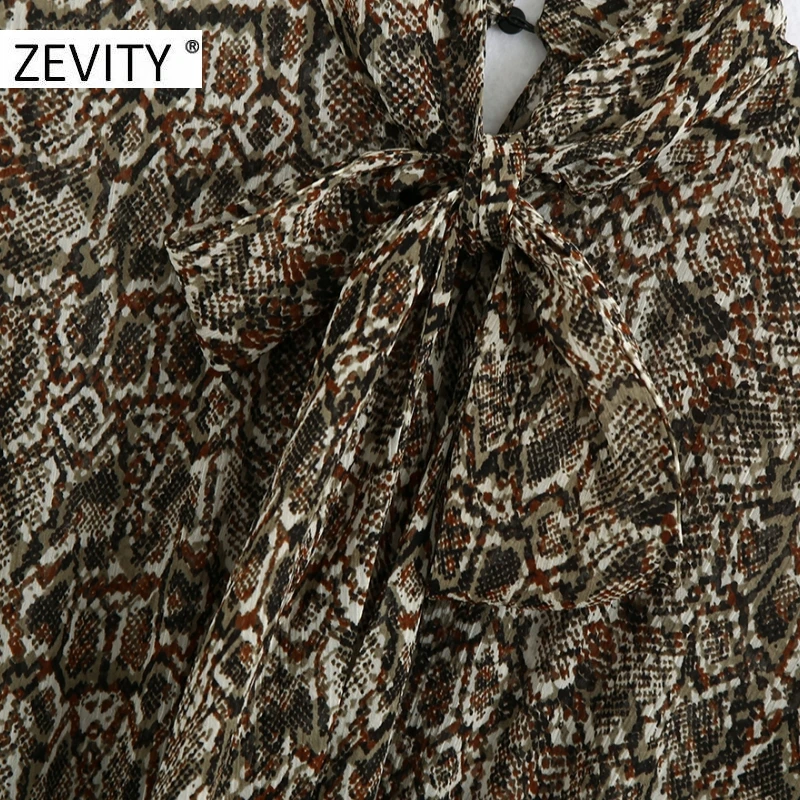 ZEVITY women vintage snake skin print sashes chiffon mini dress chic ladies long sleeve bow collar vestido casual dresses DS4446