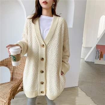 

LANMREM Medium-length knitted cardigan women's loose large size coarse wool sweater V-neck korean style thickened tops YJ734