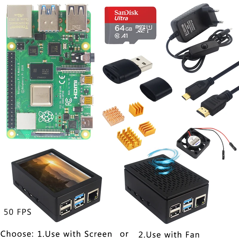 Tanie Zestaw Raspberry Pi 4 Model B 3.5 cala LCD 50 FPS | karta SD 64GB | etui z abs | wentylator | radiator | zasilacz USB C | micro hdmi opcjonalnie