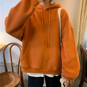 

Social Harajuku Hoodies Girls Solid Color Orange Hooded Tops Women's Sweatshirt Long-sleeved Winter Velvet Thickening Coat