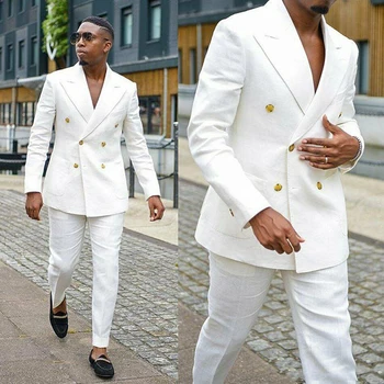 

Men's Formal White Linen Suits Groom Wear Double Breasted Party Wedding Peaked Lapel Tuxedos(Jacket+Pants) ropa hombre