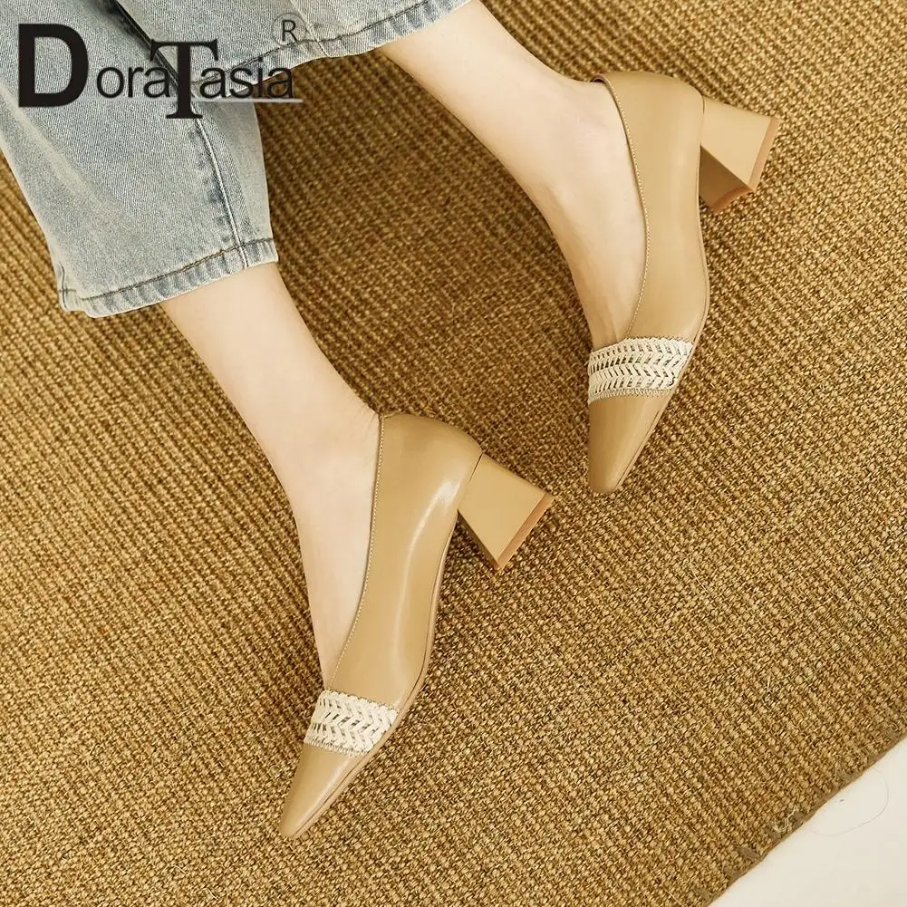 

DORATASIA Elegant Lady Spring Pumps Genuine Leather Pumps Women Square Toe Med Heels Shallow Mixed Color Sewing Shoes Woman