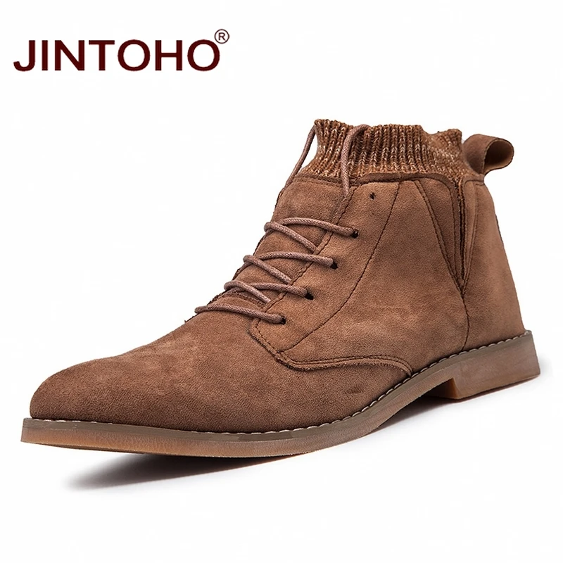 JINTOHO/мужские зимние ботинки с острым носком; модные мужские Ботильоны; повседневные мужские кожаные ботинки; зимняя обувь; зимние кроссовки - Цвет: brown