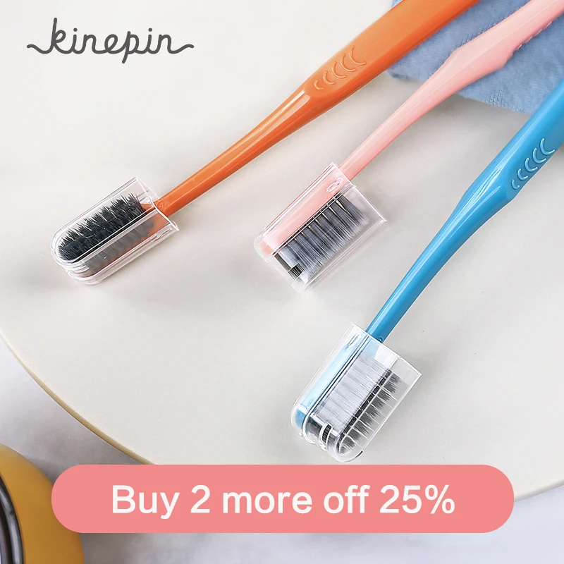 

KINEPIN 3pcs Toothbrush Soft Binchotan Charcoal Bristle Tooth Brush Adult Portable Travel Teeth Brush Set with Head Cover Cap