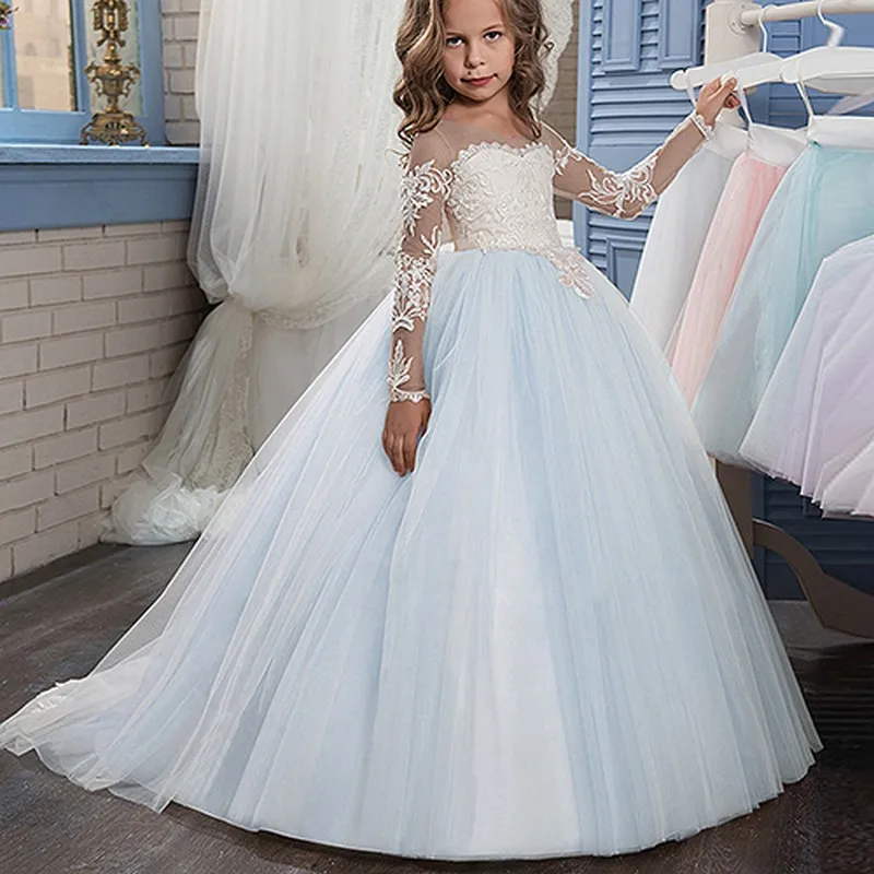 Light Blue Пышные кружевные платья с длинными рукавами для девочек, держащих букет невесты на свадьбе; платья принцессы для первого причастия на день рождения - Цвет: Light Blue