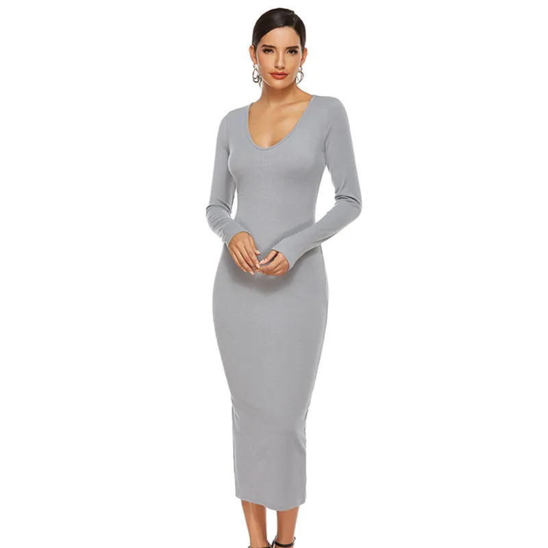 Autumn Winter Long Sleeve Knitted Casau Dress Bodycon Fashion V-Neck Robe Maxi Dress Sweater Long Dresses High Waist